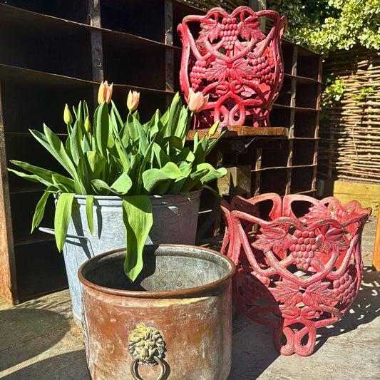 2 x Red Wrought Iron Pierced Planters