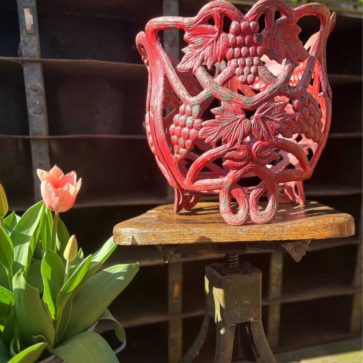 2 x Red Wrought Iron Pierced Planters
